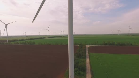 Beautiful Windmill Turbines, Wind Energy Turbines. Aerial View.