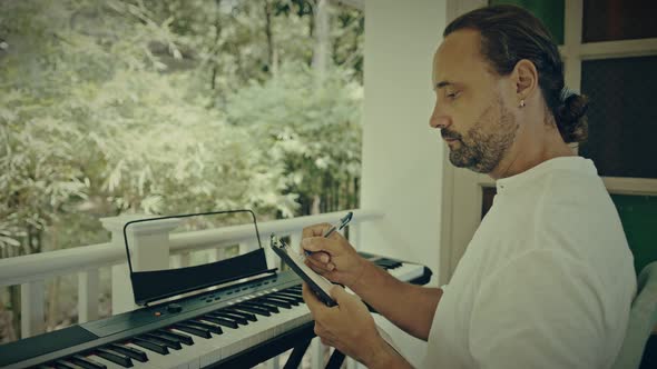 A Man with Two Hands Plays Music on a Keyboard Instrument