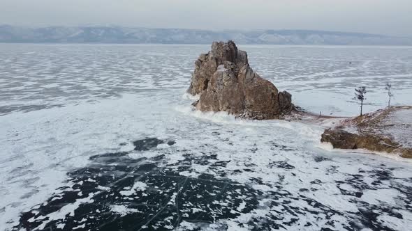 Baikal frozen lake, Olkhon island aerial. Clear ice and snow