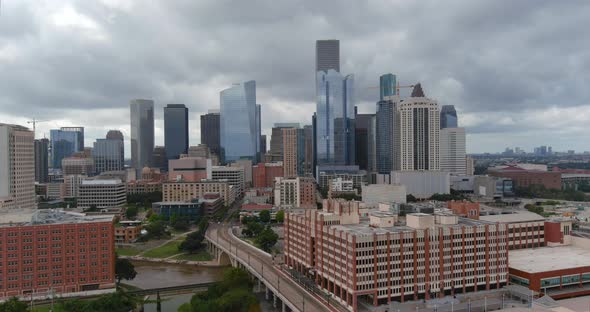 Establishing aerial shot of downtown Houston cityscape