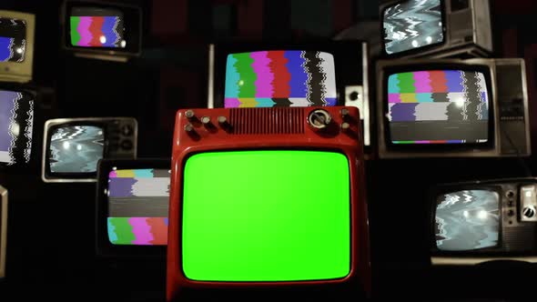 Pile of Retro TVs with Green Screen, Glitch Effect and Color Bars. Zoom Out.
