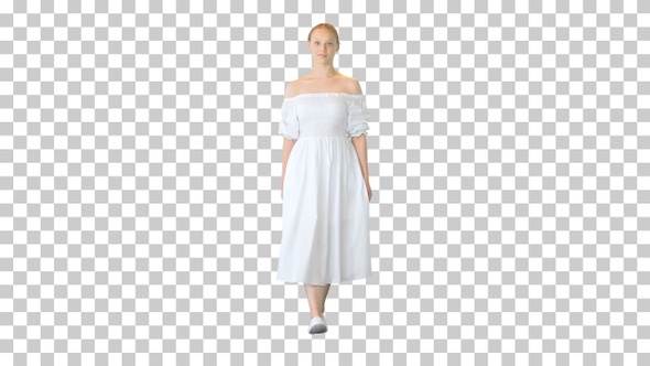 Young woman in white dress walking, Alpha Channel