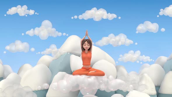 A girl in the clouds in a yoga pose against the background of the sky and mountains
