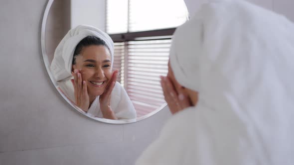 Young Happy Attractive Woman with Towel on Head Doing Morning Daily Routine in Bathroom Joyful Girl