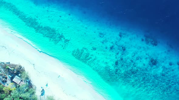 Aerial drone sky of tranquil coastline beach break by clear ocean with white sand background of a da