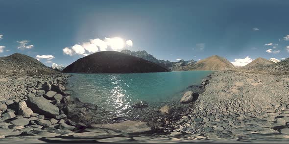 VR Gokyo Ri Mountain Lake at the Winter Season. Wild Himalayas High Altitude Nature and Mount Valley