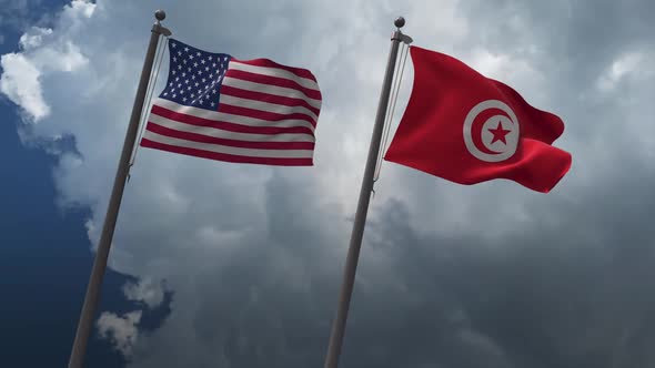 Waving Flags Of The United States And The Tunisia 2K