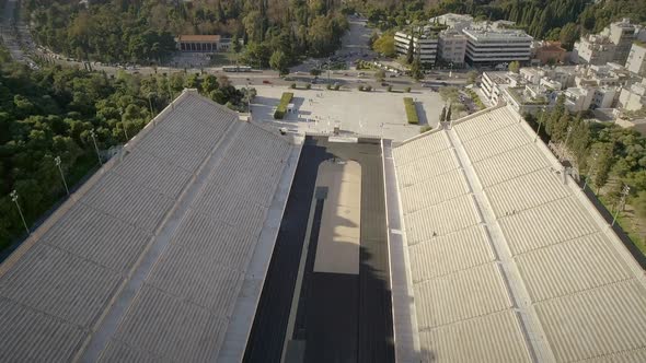 Aerial view of the Panathenaic, Kallimarmaro Stadium and the city skyline.