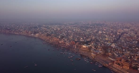 AERIAL: Ganga river in Varanasi India