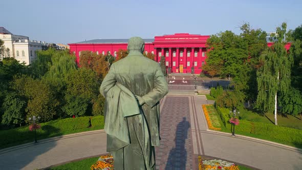 Aerial View Back View Statue of the Writer Taras Grigorovich Shevchenko in Park