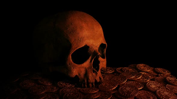 Skull On Gold Coins In Candlelight