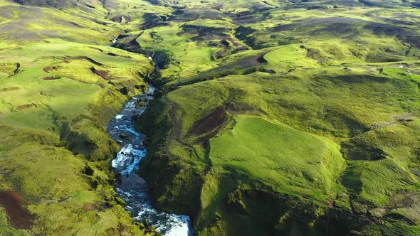 Flying Over the Wild Mountain Skogar River Under the Eyjafjallajokull Volcano in Southern Iceland