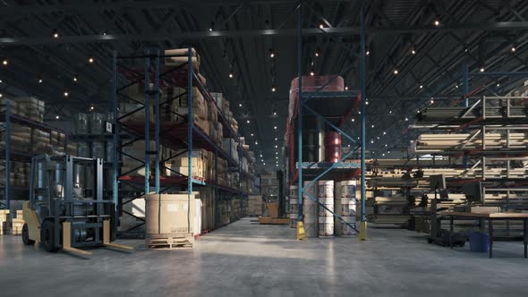 Warehouse Interior With Shelves, Pallets And Boxes