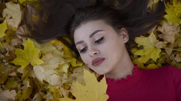 Beautiful Girl Lying on Autumn Leaves with Scattered Hair and Looking at Camera