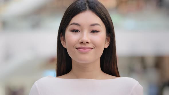 Close Up Female Indoors Headshot Asian Happy Smiling Millennial Girl