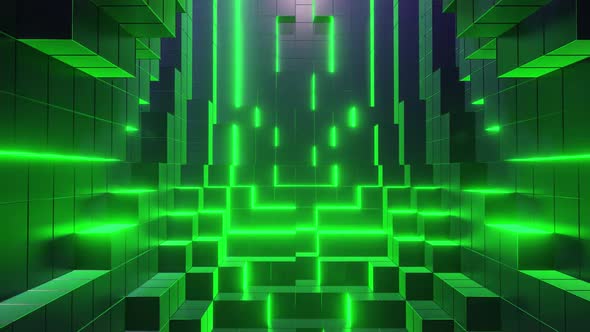 Graphic Cubes In Motion With Green Neon Phosphorescent Lights