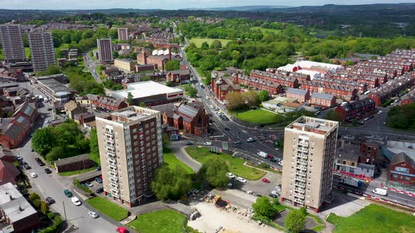 Aerial drone footage of the British town centre of Armley in Leeds West Yorkshire in the UK