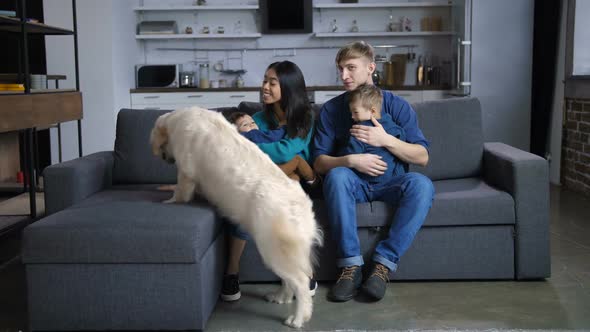 Multi Ethnic Family with Dog Relaxing on Sofa