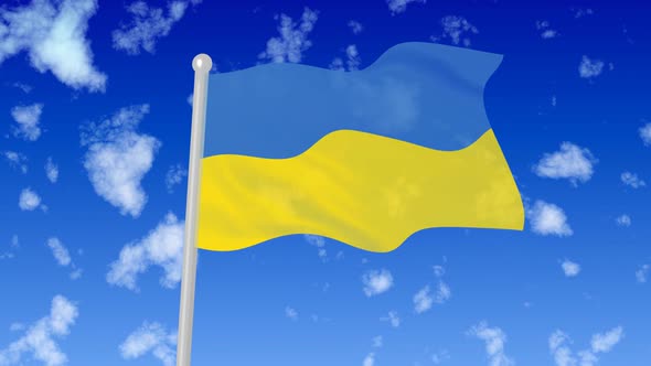 Ukraine Flying Flag Wave In The Sky With Clouds