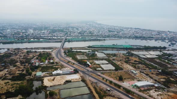 Aerial flying over fisherman town, Phan ri cua, Vietnam