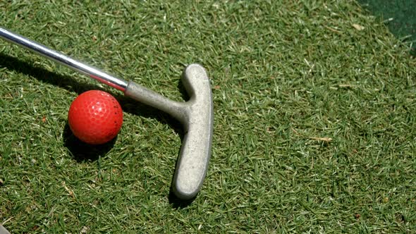 Golf putter and golf ball in the garden 4k