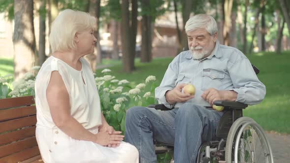 Portrait of Old Positive Paralyzed Man Sharing Apples with Smiling Beautiful Woman Sitting on Bench