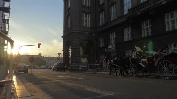 Prague Street with Car and Horse Carriage