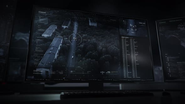 Monitor Shows High Tech Network System Scanning City Street For Target Car alt