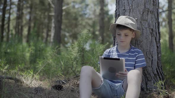 Boy using digital tablet in the woods