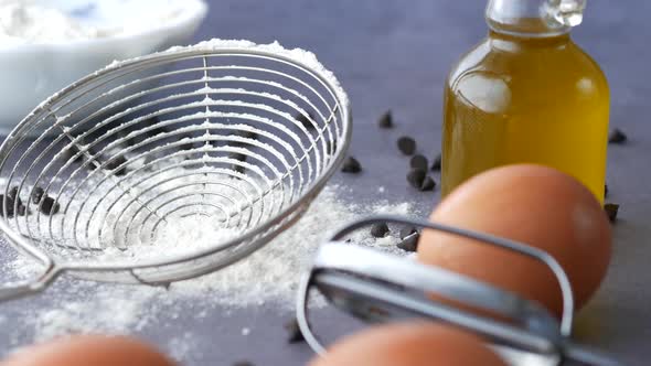 Baking Ingredients on a Black Background Top View