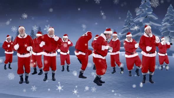 Group of santa claus dancing on a snowy landscape