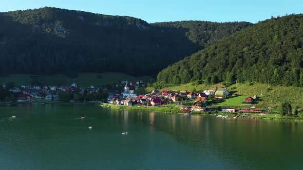 Aerial view of the Palcmanska masa water reservoir in the village of Dedinky