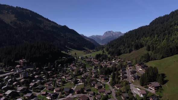 Aerial Landscape Flight Over The Village, Morgins, Switzerland