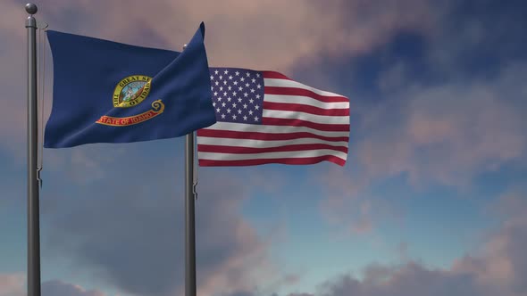 Idaho State Flag Waving Along With The National Flag Of The USA  - 4K