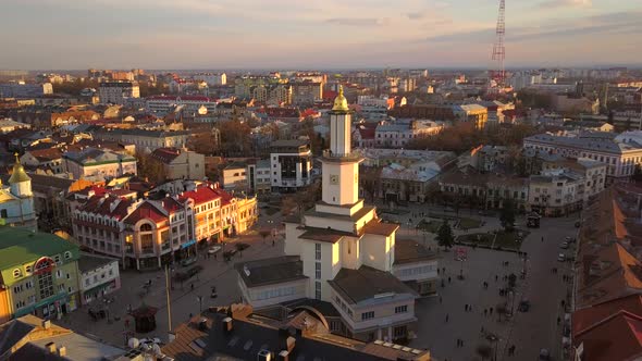 Aerial Sunset View of the Center of Ivano Frankivsk City Ukraine