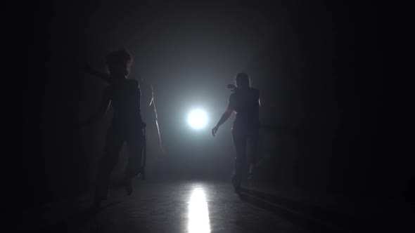 Professional Dancers Practicing Capoeira in Darkness Against Spotlight in Studio. Slow Motion