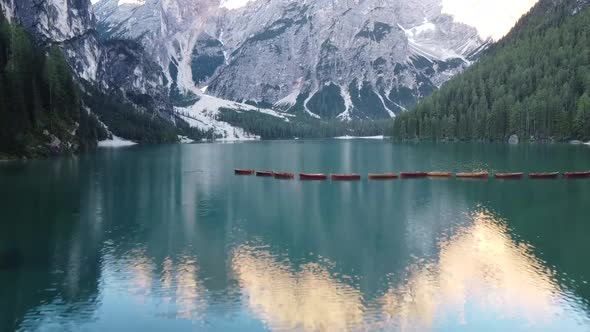 Braies Mountain Lake In Dolomites, Aerial View