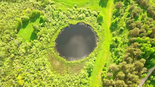 Aerial Flight From Top Bottom Over an Small Lake with Perfectly Round Shape