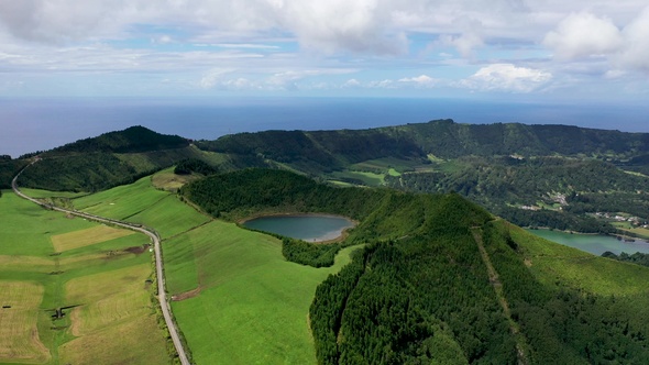 Portugal. Azores. Crater lake with clear turquoise water. Aerial view.