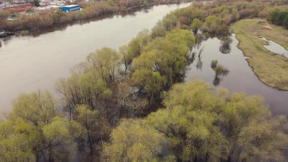 Big Spring Flood River Overflow Flooded Trees Aerial View