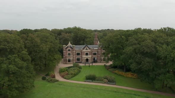 Aerial of Schaffelaar Castle, a beautiful mansion on a green estate