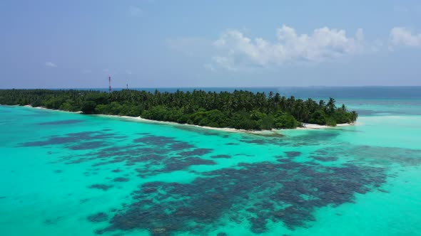 Aerial nature of beautiful coast beach break by clear sea with white sandy background of a dayout ne