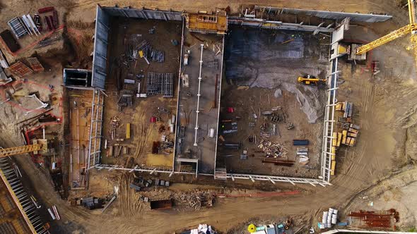 Aerial view of a new house building on a construction site