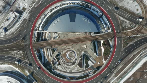 Aerial view of the center of Katowice and The roundabout Generała Ziętka. Silesia, Poland