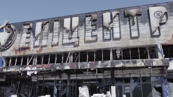 Aerial View of a Destroyed Shopping Mall During the War in Bucha Ukraine