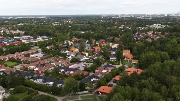 Residential neighborhood of Vallingby suburban district of Stockholm, Sweden. Aerial tilt down