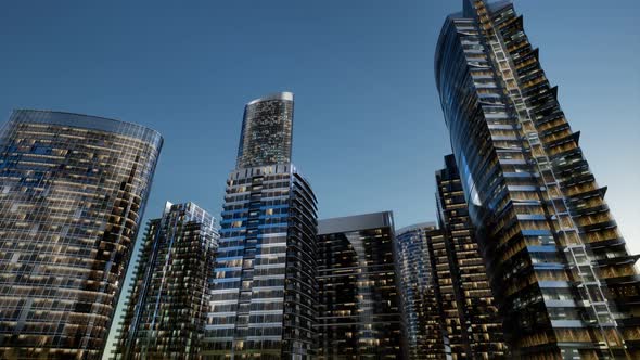 City Skyscrapers at Night with Dark Sky