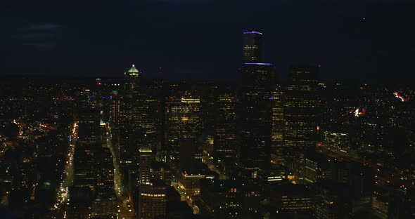 Seattle Washington Dark Night Aerial Looking North Through Office Towers Downtown Streets