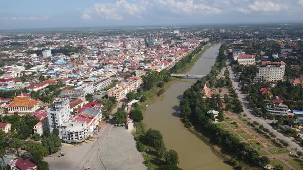 Aerial View of the old city center of Battambang, Cambodia.