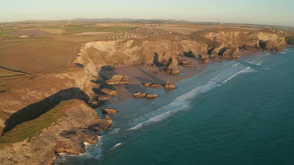 Aerial view of Bedruthan Carnewas, Cornwall, UK.